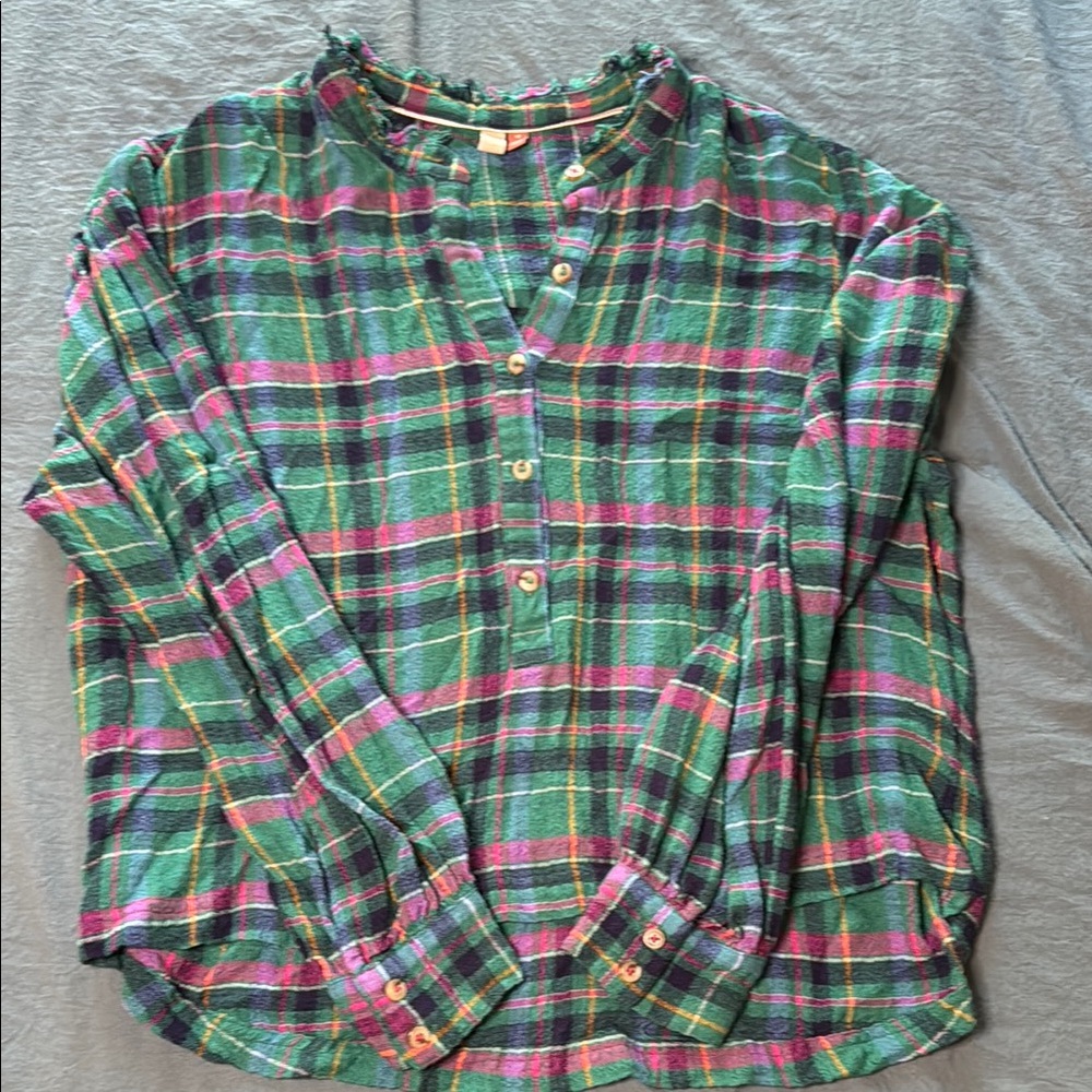 Anthropologie Pilcro Green and Pink Plaid Puff Sleeve Blouse